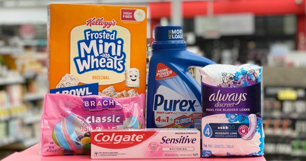 cereal, jelly beans, toothpaste, laundry detergent and incontinence products on display in a store