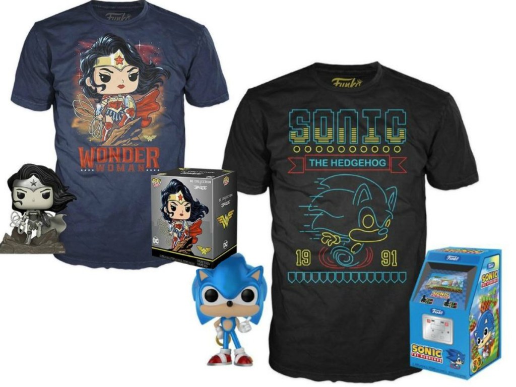 Tshirts next to toys on white background