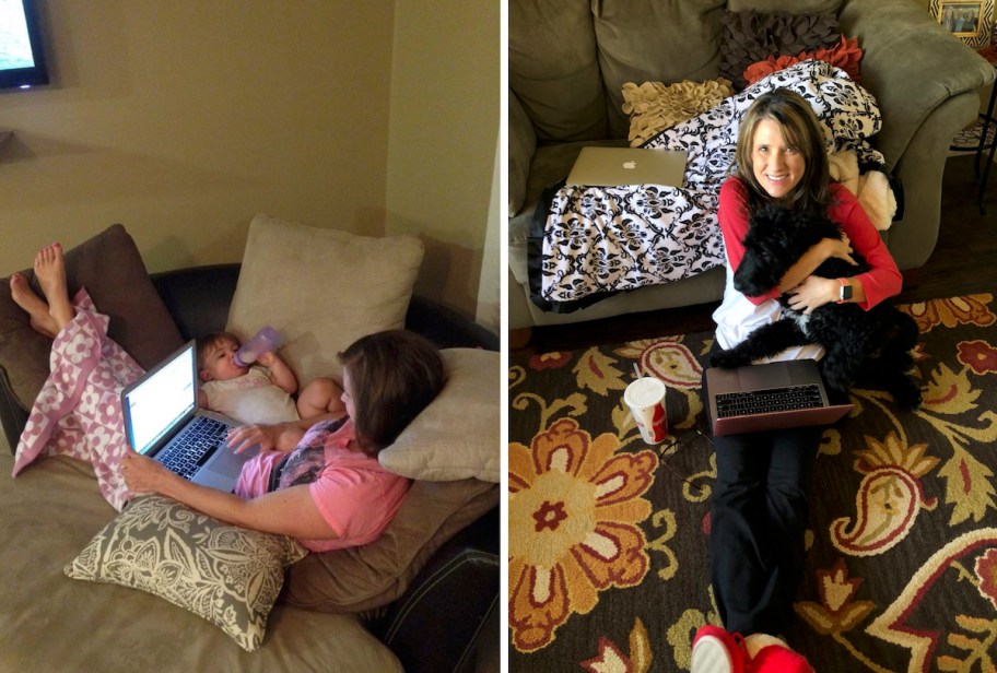 woman on laptop next to baby and bottle with feet up on the couch