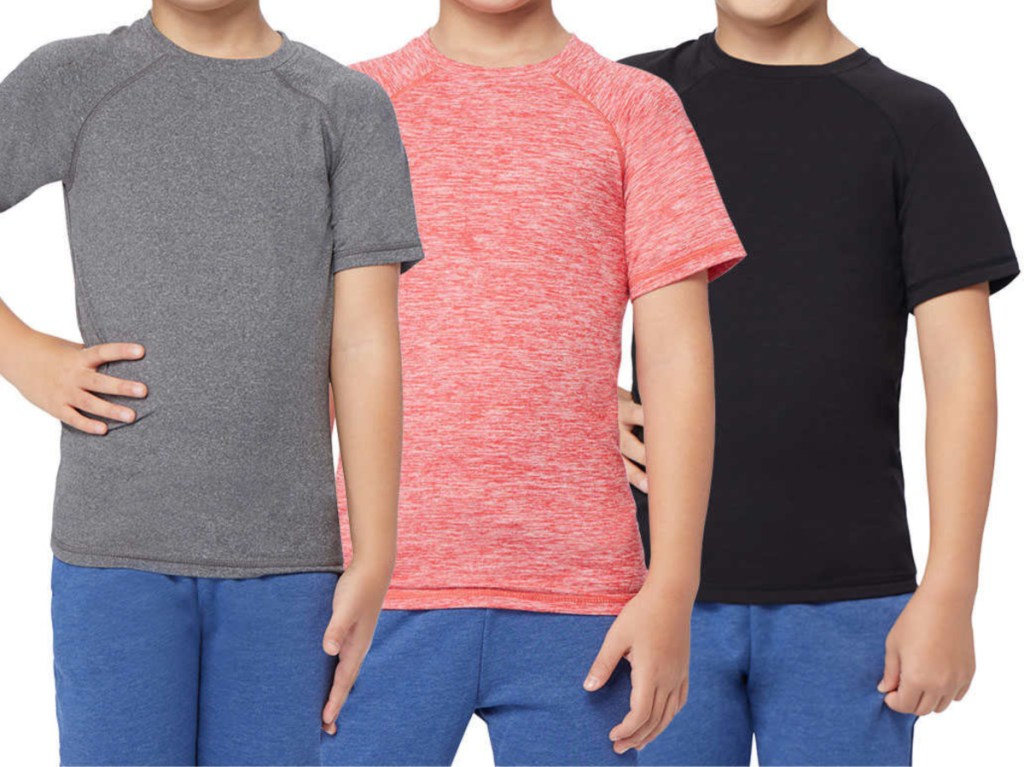 three boys in gray, red, and black t-shirts