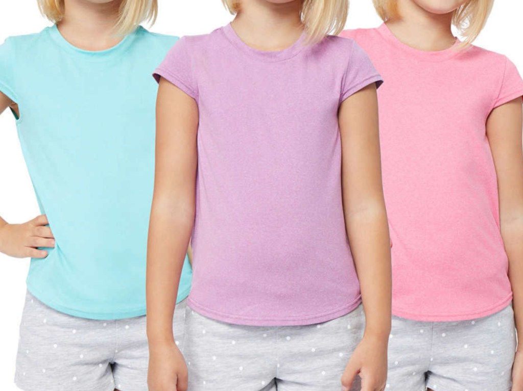 three girls in mint, purple, and pink t-shirts