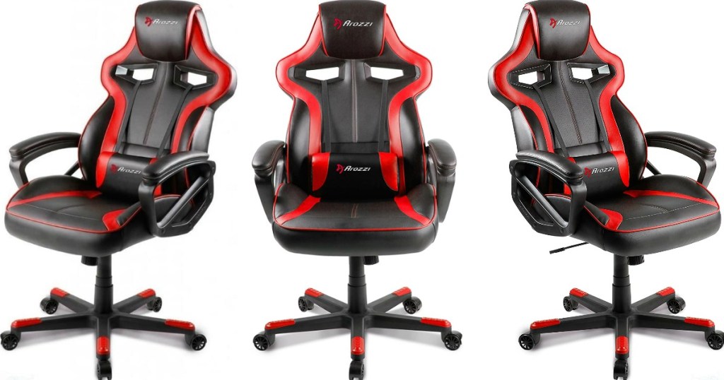 three images of a black and red gaming chair