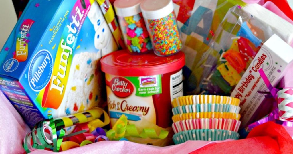 box of funfetti birthday cake frosting candles and sprinkles in box