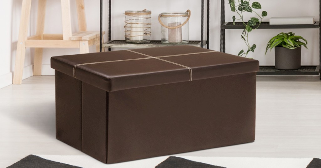 brown faux leather storage ottoman in living room