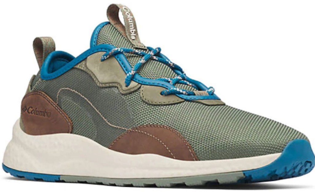 Cypress and Dark Truffle colored columbia mens sneakers with blue laces