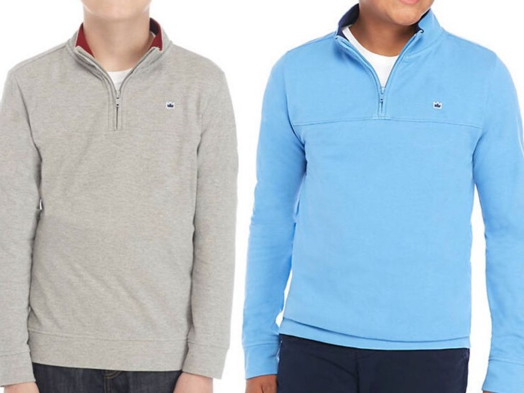 two boys wearing 1/4 zip pullover shirts