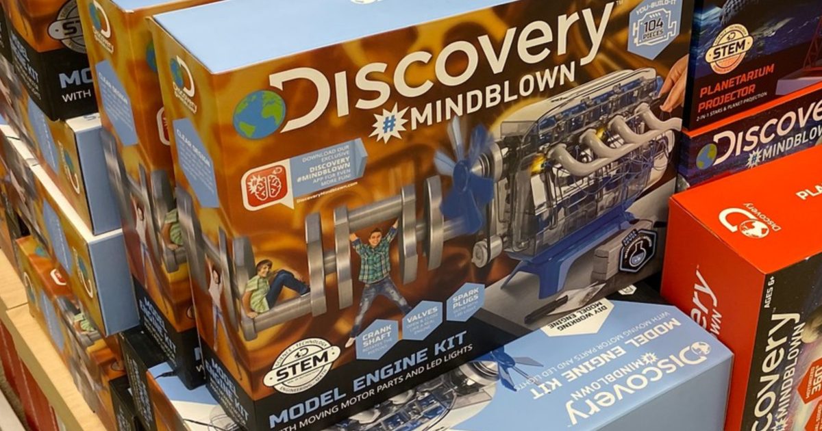 STEM toy sets stacked on store floor
