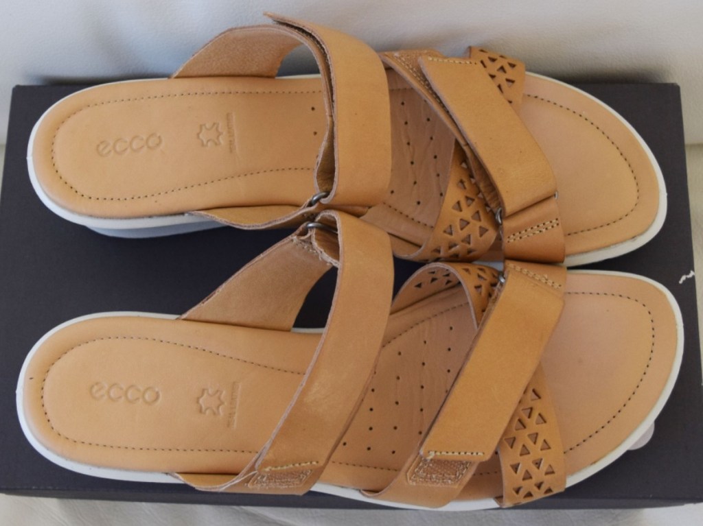 tan women's sandals on shoe box