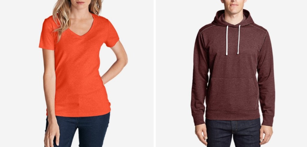 woman wearing orange v-neck t-shirt and man wearing burgundy hoodie