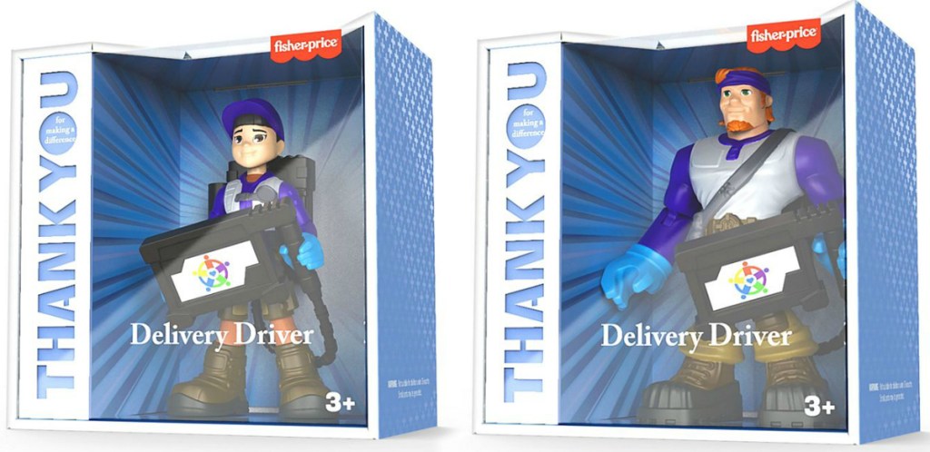 Two delivery driver figures in packaging