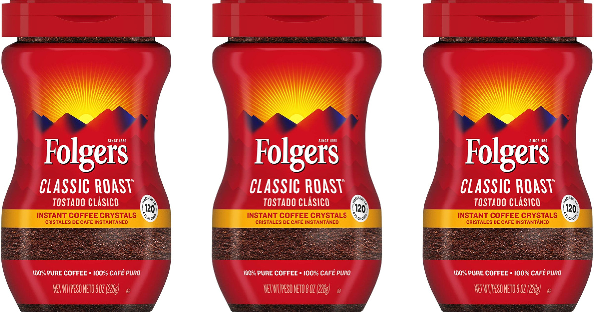 three containers of Folgers Instant Coffee Crystals