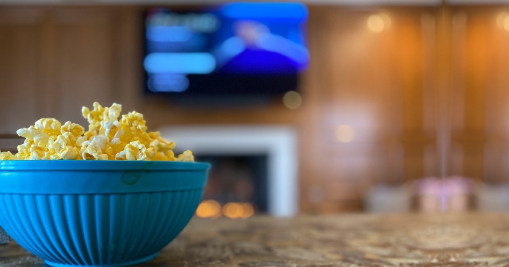 Popcorn bowl on counter in front of TV