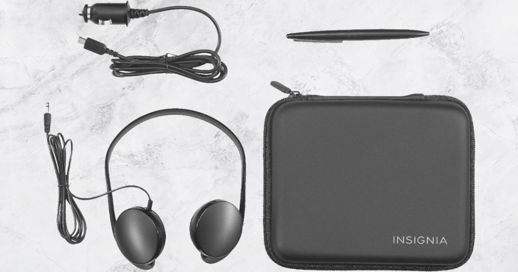 nintendo ds starter kit with black case, headphones, stylus pen, and car charger