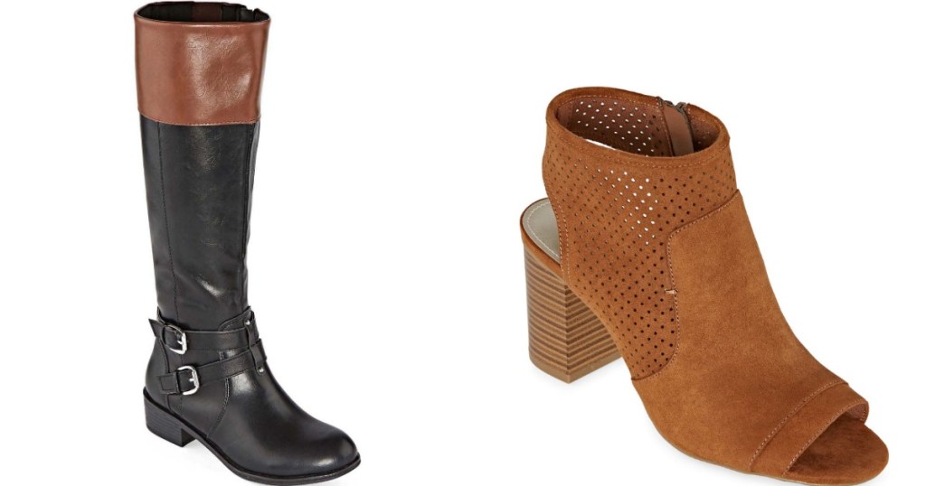 black and tan boot next to tan bootie