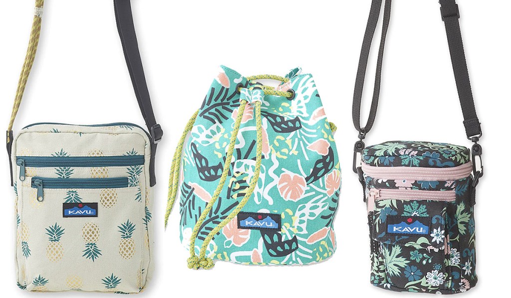 two small canvas crossbody bags and a cinch top bag in tropical prints