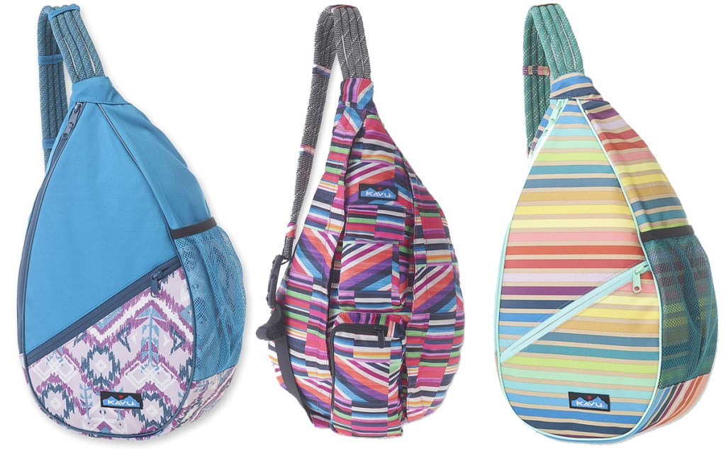 three canvas sling backpacks with rope straps in various colorful prints