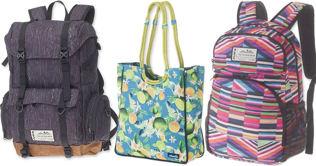 two canvas backpacks and a tote bag in colorful prints