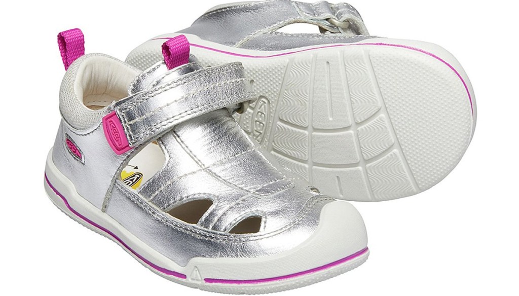 silver girls velcro sandal with pink accents