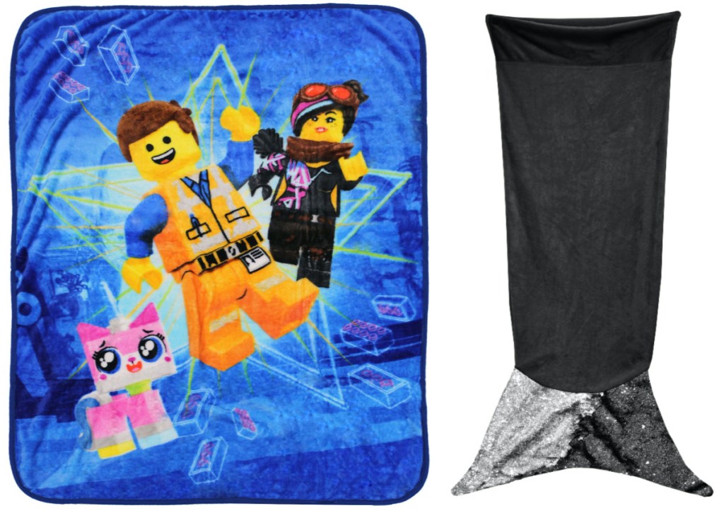 Lego Movie throw and black sequin mermaid tail throw