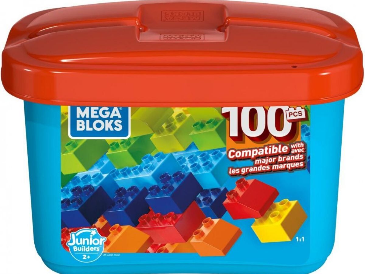 tub filled with 100 pieces of chunky style plastic blocks