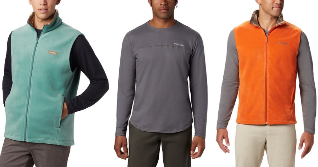 three men wearing mens columbia green and orange vests and grey long sleep shirt