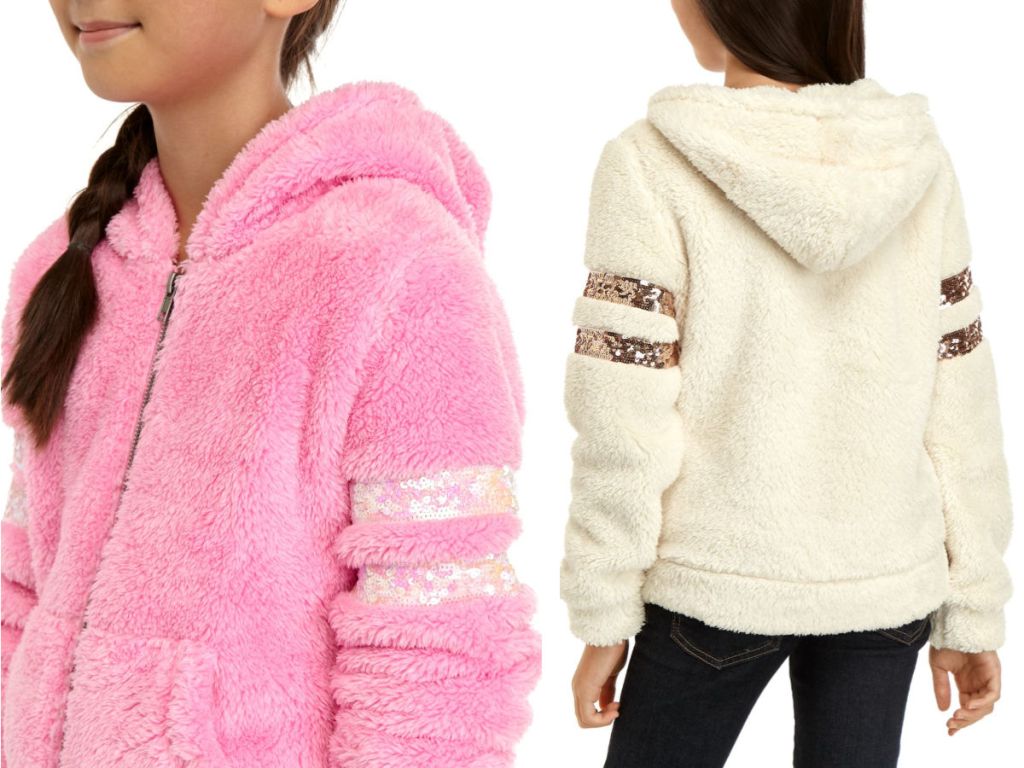 pink and white Miss Chievous Sherpa Sequin Sleeve Jacket