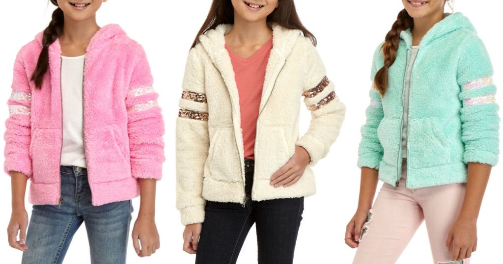 pink, white, and mint colored Miss Chievous Sherpa Sequin Sleeve Jacket