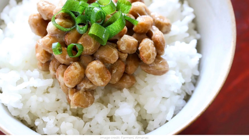 close up photo of natto and chives over white rice in bowl