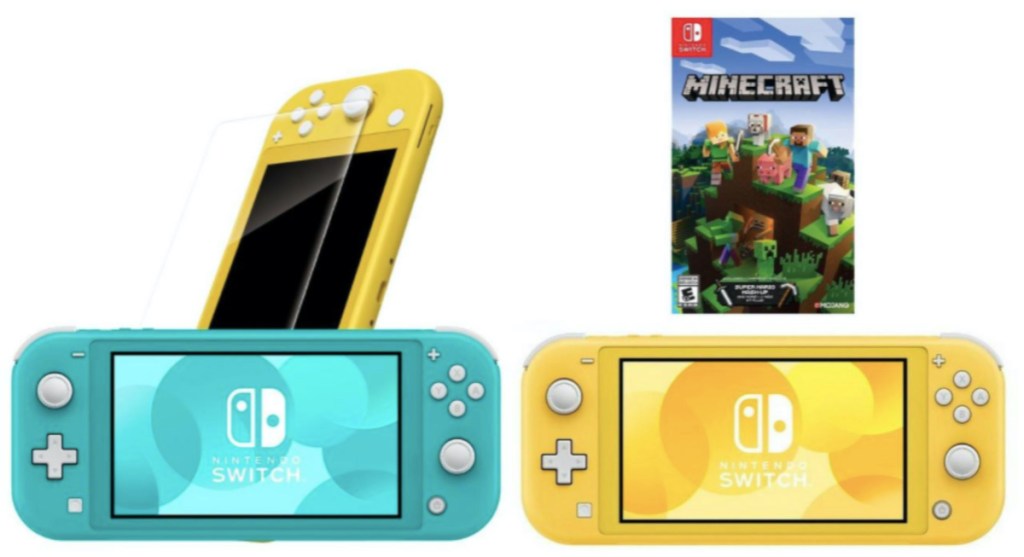 blue gaming console and screen protector and yellow gaming console and video game