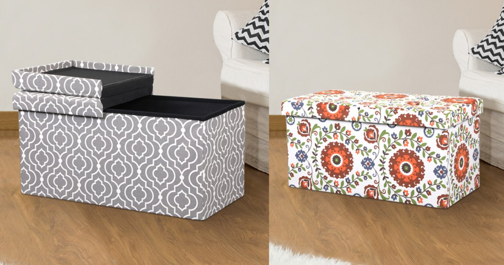 two storage ottomans in living room, one grey with white pattern and one white with floral pattern
