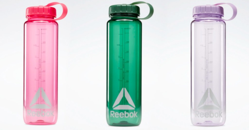 prink, green, and light purple reebok logo water bottles