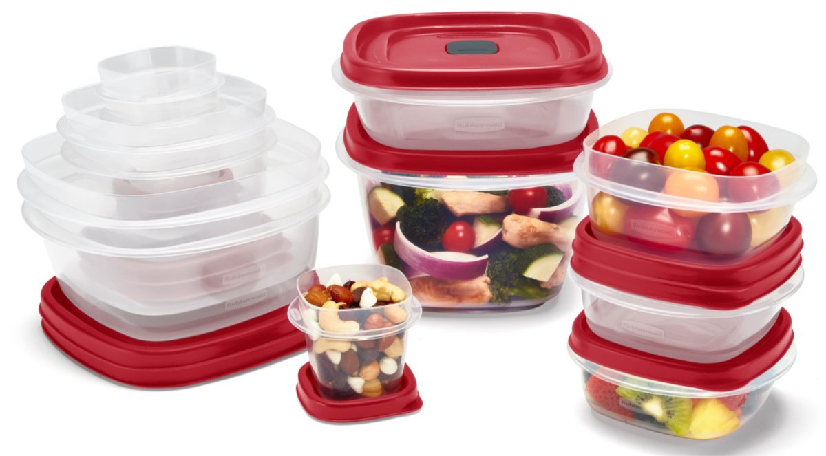 24 food storage containers and red lids, some with food inside