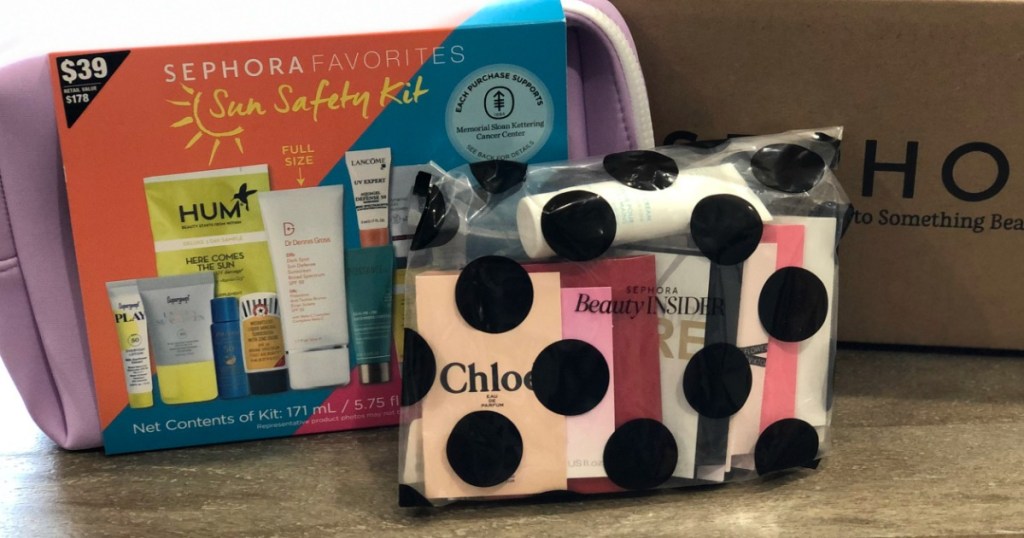 Sephora Sun Safety Kit and Perfume Sample on table