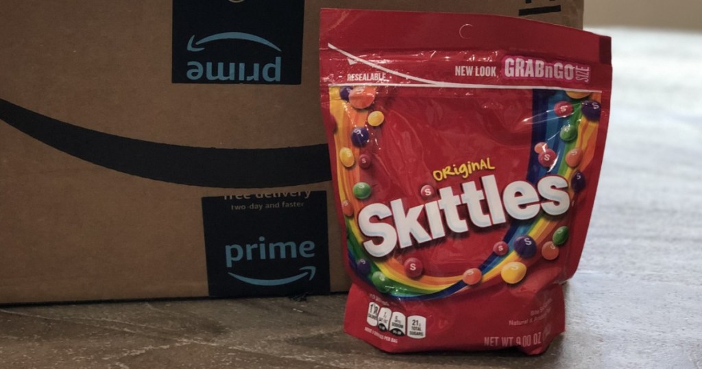 Skittles Grab & Go Bag in front of Amazon box