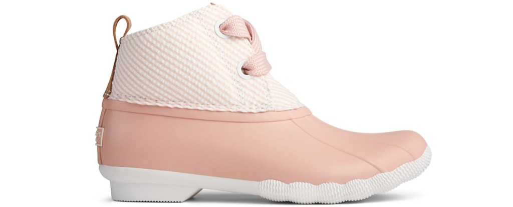 light pink and white ankle height duck boot