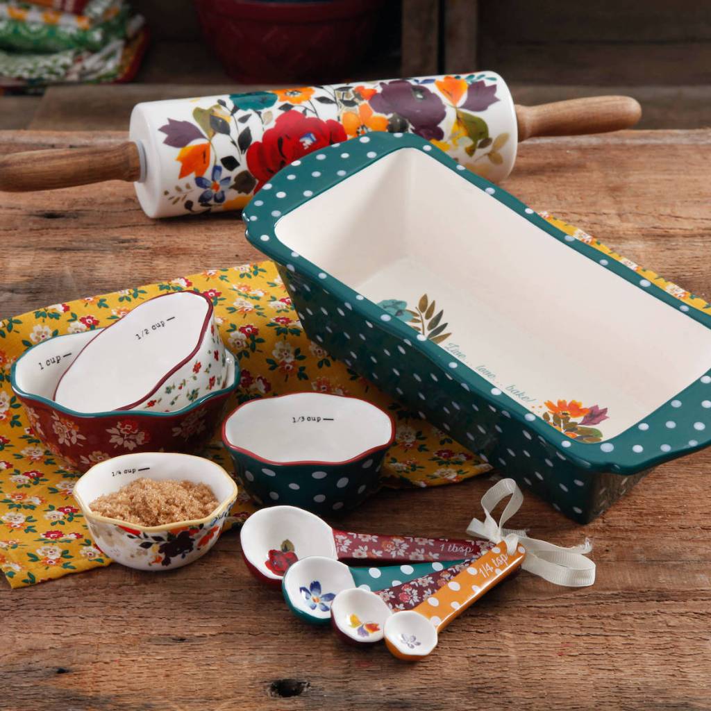 The Pioneer Woman Harvest Bakeware Set with a loaf pan, rolling pin, 4-piece measuring bowls, and 4-piece measuring spoons