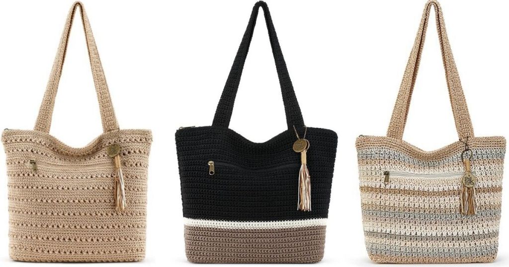 three The Sak Riviera Totes one in bamboo, one black white and dark tan, and one striped