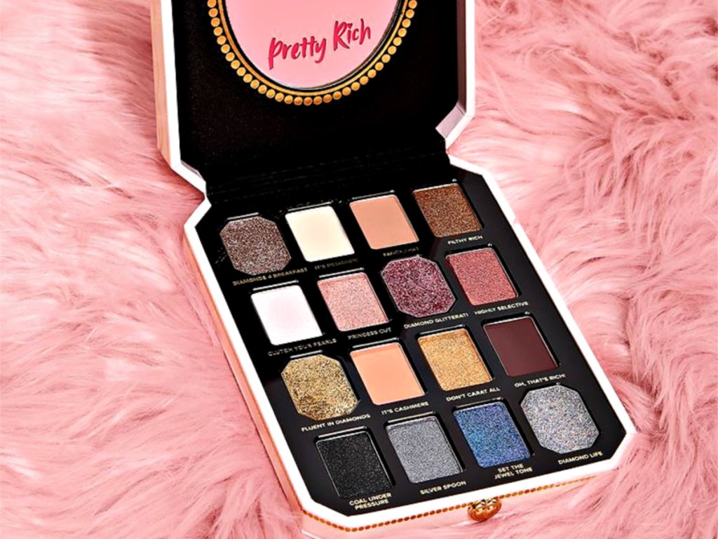 Too Faced Pretty Rich Eye Shadow Palette on fur blanket