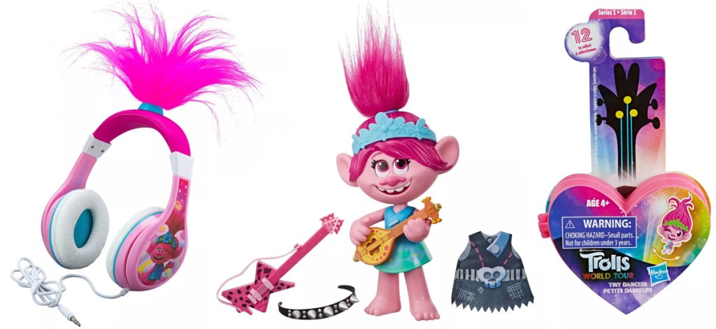 two pink trolls toys and pair of pink trolls headphones with pink troll hair at top