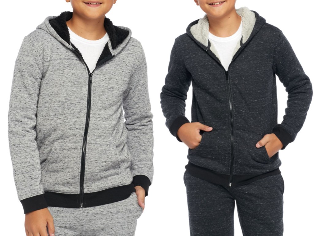 two boys wearing grey and navy blue true craft boys sherpa fleece full zip jackets