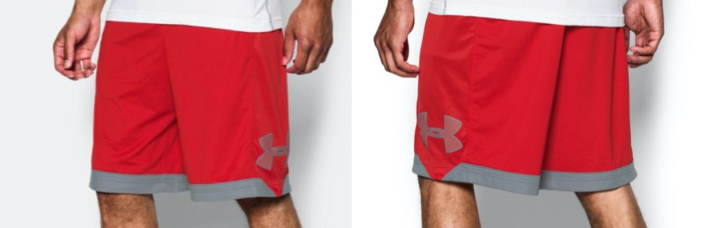 man in red and gray basketball shorts