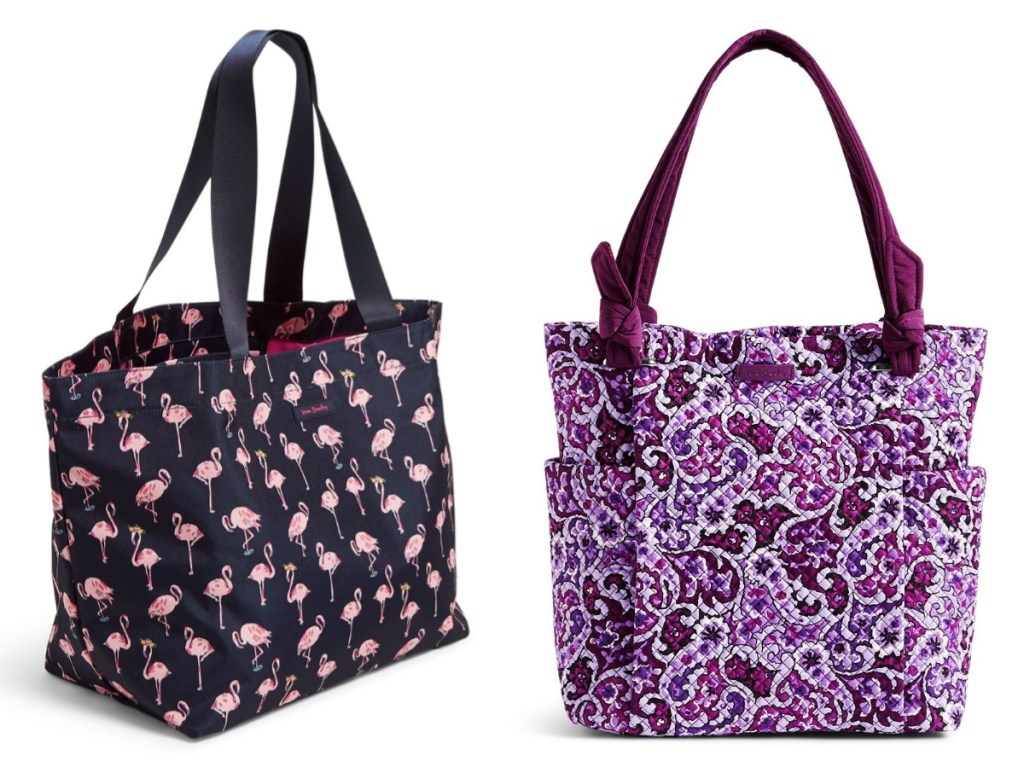 black flamingo tote and purple paisley tote