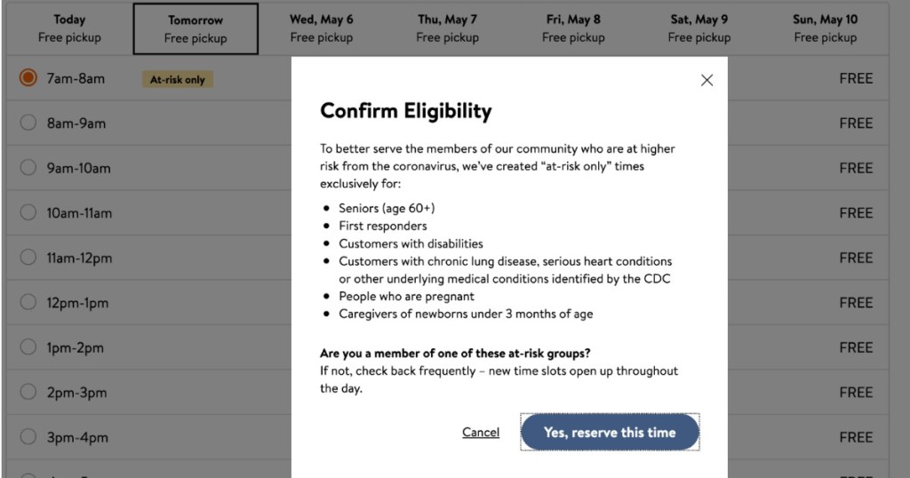 Screenshot of Walmart Pickup Eligibility