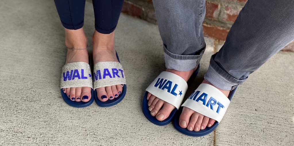 two people wearing sandals that say Walmart