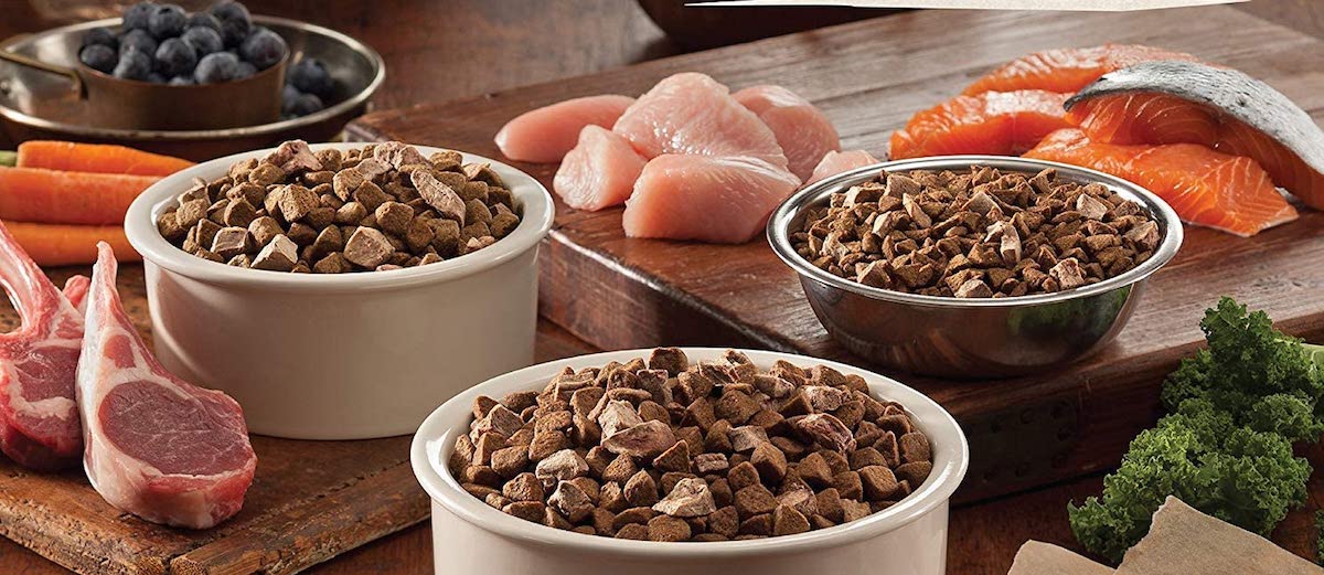 three bowls of dog food surrounded by meat