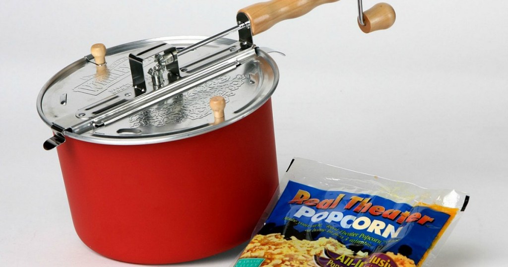 popcorn maker next to packet of popcorn