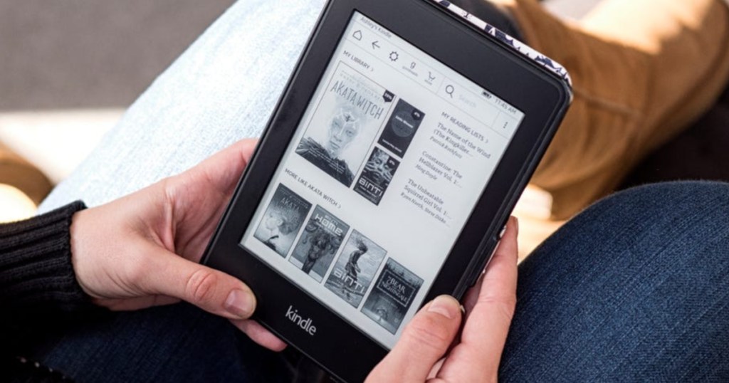 woman using e-reader device