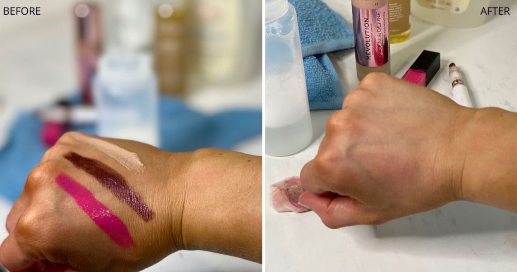 DIY makeup remover test showing makeup on hand next to a clean hand