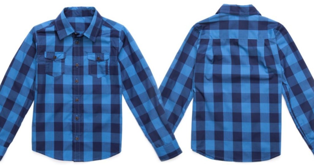 front and back view of blue plaid shirt
