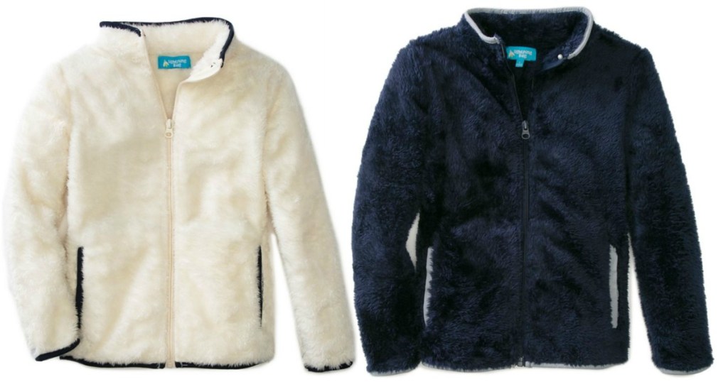 small fuzzy jacket in white and blue on white background